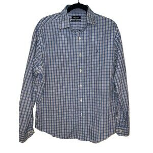 Nautica Mens Large 16 34/35 Long Sleeve Button Up Shirt Classic Fit Blue Plaid